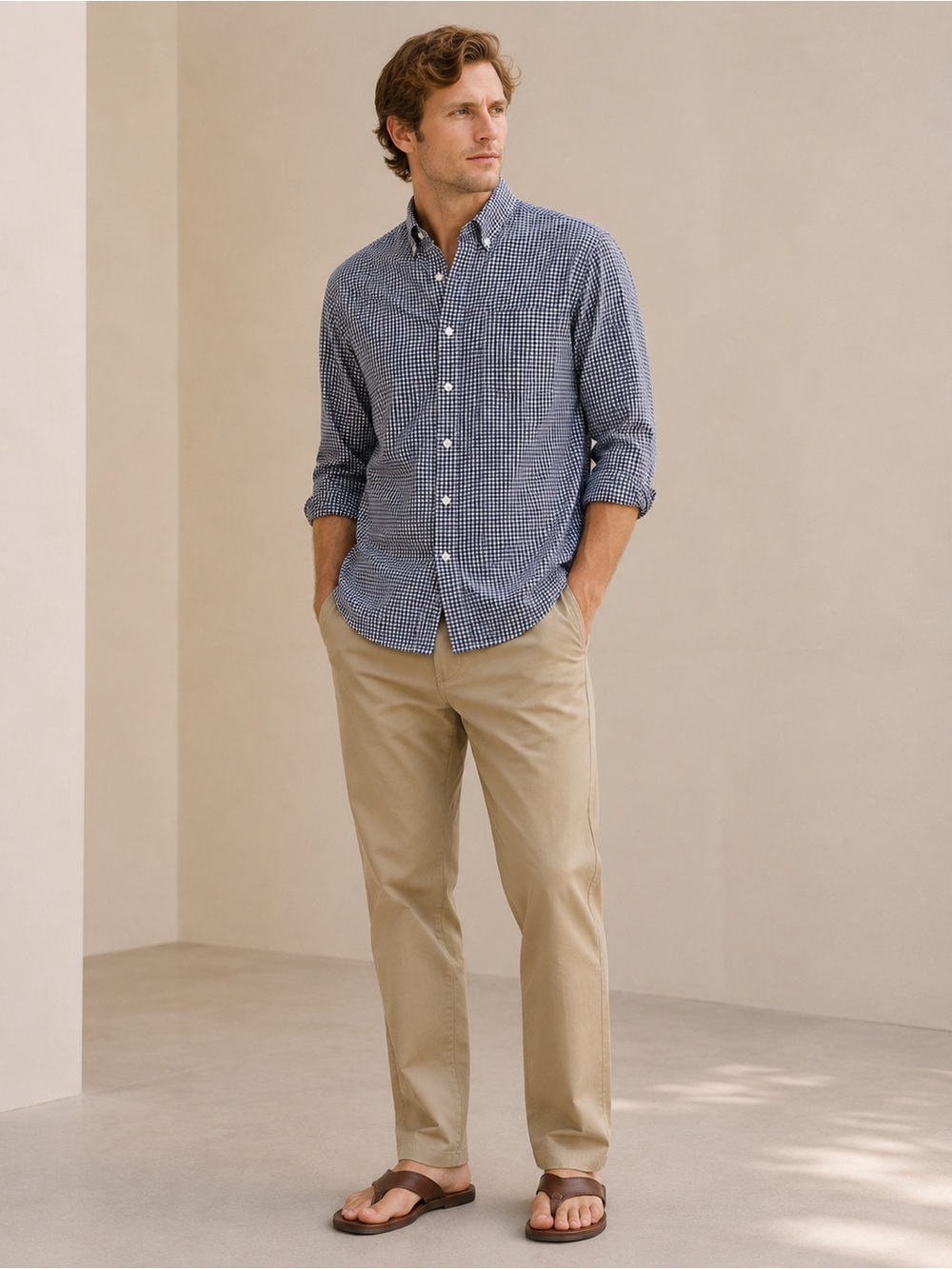 Gap Untucked Fit Stretch Button Down Shirt Navy Gingham‎ Check Men’s Large
